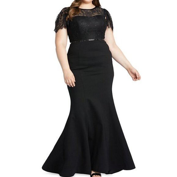 MAC DUGGAL BEADED LACE BODICE TRUMPET BLACK  A-LINE GOWN sz 14W - Picture 1 of 6